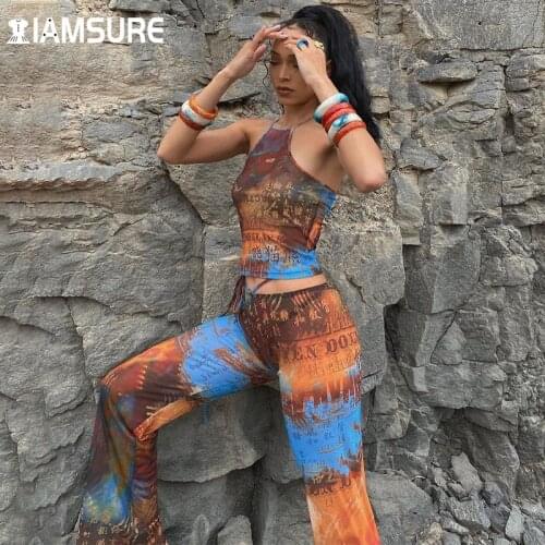 IAMSURE Chinese Style Character Print Pants Set Women Holiday Sexy Slim 2 Pieces Sets Halter Crop Top Bandage Low Waist Trousers