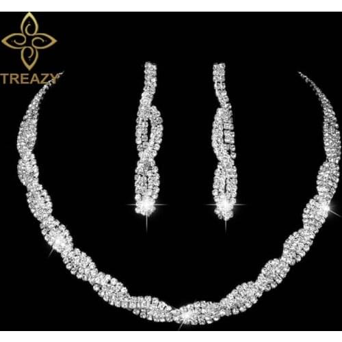 TREAZY Crystal Bridal Jewelry Set Silver Color Rhinestone Choker Necklace Earrings Wedding Engagement Jewelry Set for Women