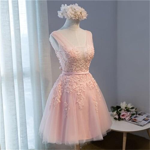 Short Pink Prom Dresses 2019 Elegant A line Double V Neck Sleeveless Lace Applique Prom Gown vestidos de gala