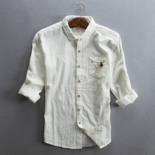 Mens 3/4 Sleeve Cotton Linen Thin Summer Shirts Casual Button Front Breathable Male Shirt C9