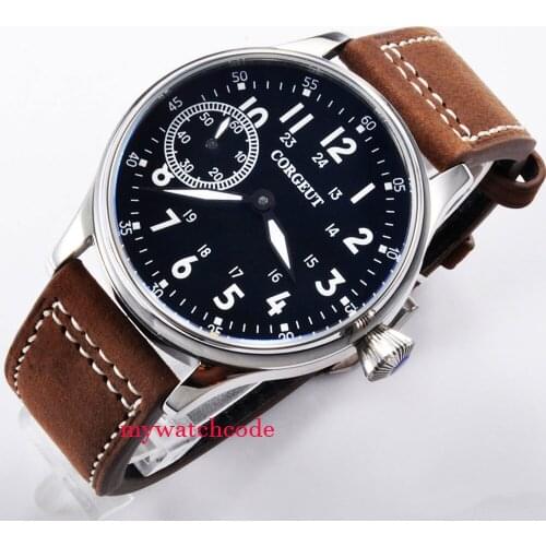 44mm Corgeut black dial white marks asia 6497 hand winding movement mens wristwatch