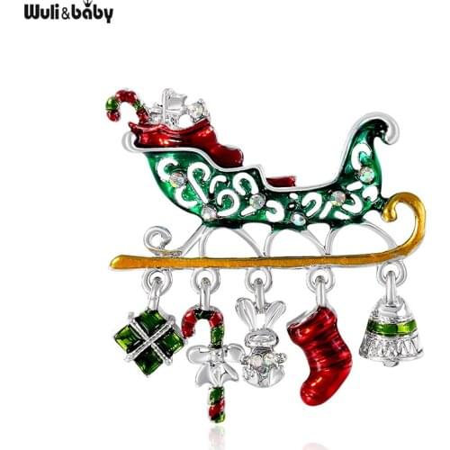 Wuli&baby Enamel Christmas Sleigh Brooches For Women Unisex Socks Bell Pendant Sled New Year Brooch Pin Gifts