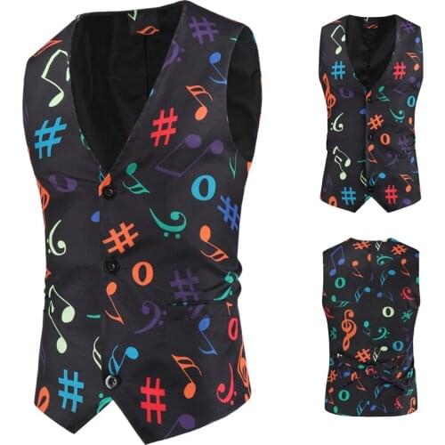New Fashion Casual Men Musical Note Printed Suit Vest Prom Party Dress Vest Slim Fit Wedding Perform Social Waistcoat