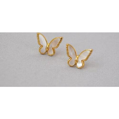 MPE032 Charming Women Gift Stud Earrings White Shell With Gold Eletroplated Butterfly Earrings Push-Back Style