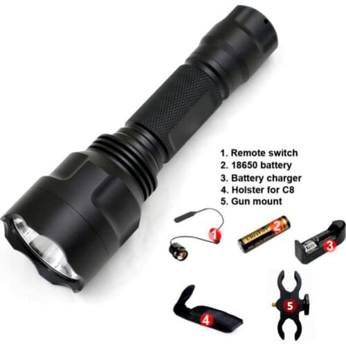 Hunting Set 1 Mode C8 CREE XM-L2 U3 LED Flashlight, Torch, Lantern+ Gun Mount/Charger/Holster/Remote Switch/18650 battery