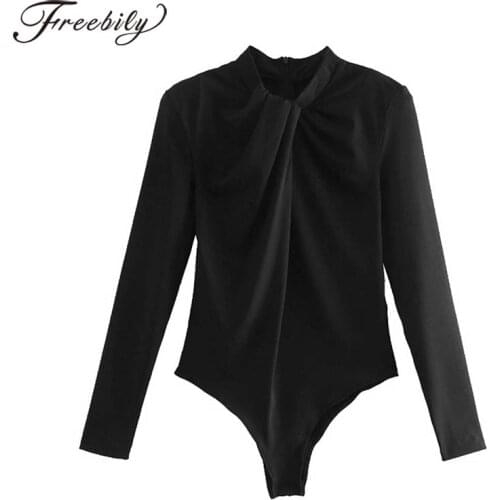Autumn Winter Women Jumpsuits Pleated O Neck Bodysuits Top Female Solid Long Sleeve Shoulder Padded Back Zipper Romper Tops Chic
