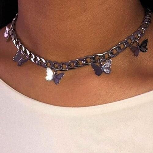Punk Chain Butterfly Pendant Necklace For Women Metal Charm Vintage Creative Harajuku Animal Y2K Choker Necklace Jewelry Gifts