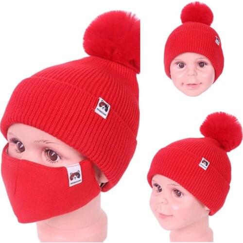 Kids Knitted Hat Mask Set Autumn Winter Pure Color Warm Hats Boys Girls Beanies Lovely Simple Thicken Brimless Cap and Mask
