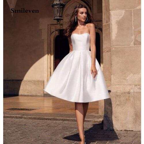 Smileven Short Strapless Wedding Dresses Satin A Line Ankle Length Corset Bride Dress Robe De Mariage Custom Made