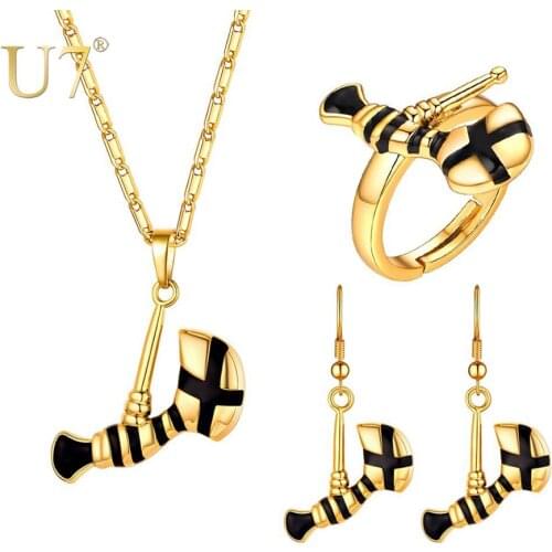 U7 Axe Pendant Necklace / Earrings/ Resizable Ring Set Gold Color For Women Girl Papua New Guinea PNG Jewelry Party Gifts S1024