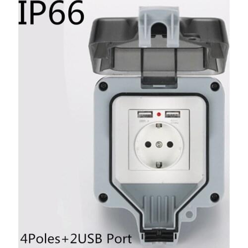 IP66 Weatherproof Waterproof Outdoor 16A EU Standard Wall Power Socket With Dual USB Charging Port 2.4A Output