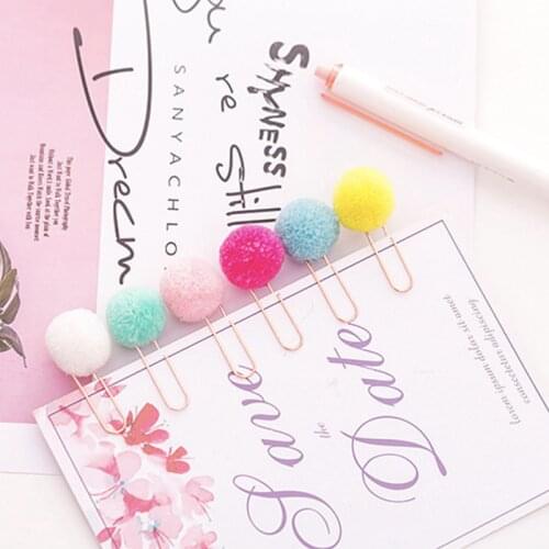10Pcs/lot Ins Cute Colored Hairball Paper Clips for Girls Rose Gold Supplies Students Creative Bookmarks Lady Office Stationery