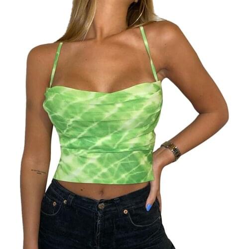 Women Tie-Dye Green Sleeveless Camisole Tops Sexy Backless Bandage Pleated Design Tank Top Size S M L