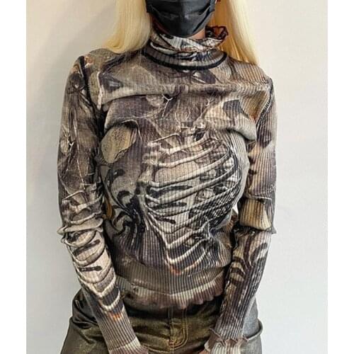 Dourbesty Skull Print Long Sleeve T-shirt Autumn Long Sleeve Slim Fit Turtleneck Crop Tops Female Vintage Grunge Gothic Clothes