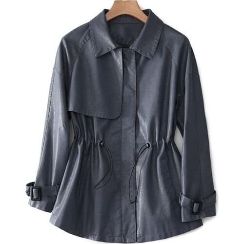 2021 Autumn Blue Short Leather Jacket Women Korean Fashion Drawstring Zipper Faux Leather Coats Female Long Sleeve Outerwear