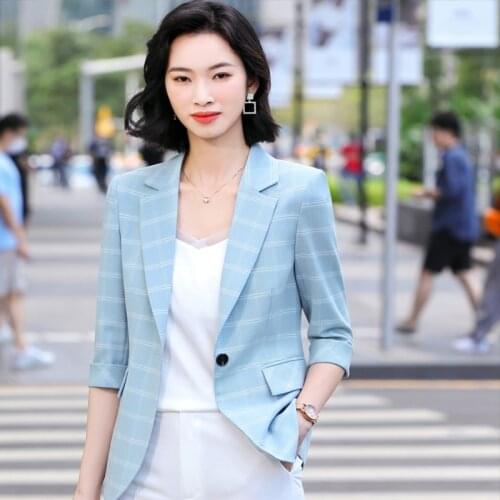 2021 Spring Summer Elegant Plaid Half Sleeve Formal Blazers Jackets Coat Women Business Work Wear Outwear Tops OL Styles Blaser