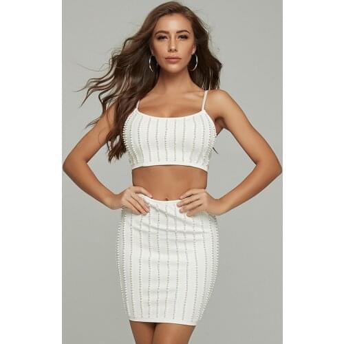 2020 New Summer White Color Women Two Piece Set Dress Sexy Crop Camis Top Bodysuit Bodycon Mini Skirt Club Party Suits two piece