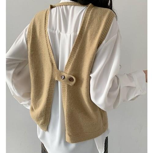 7748 Autumn Unique Chic Back Slit Sweater Waistcoat Sleeveless 90s Girl Streetwear Fashion Women Knitting Khaki Vest Tank Tops