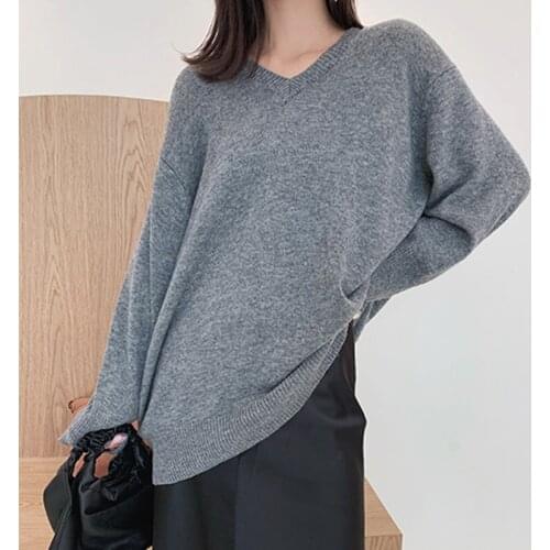 Autumn winter new high-end 100% pure wool sweater womens mid-length V-neck sweater loose loose lazy was thin silhouette sweater