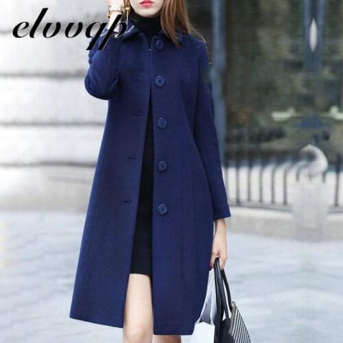 2020 New Fashion British Solid Button Woolen Coat Women Plus Size Long Sleeve Coats Woman Elegant Pocket Slim Outwear Mujer