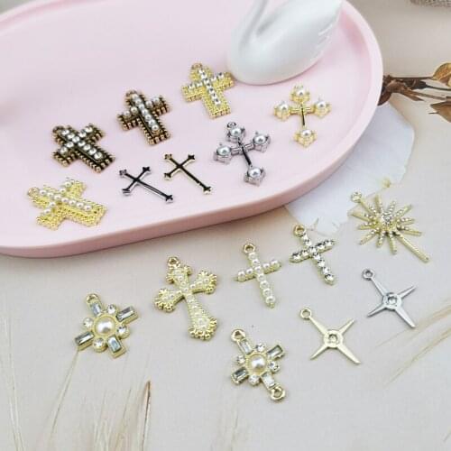 10Pcs Alloy Rhinestone Pearl Cross Charms Jesus Religious Pendant Fit Jewelry Accessory DIY Bracelet Necklace Decor Dangle Gift