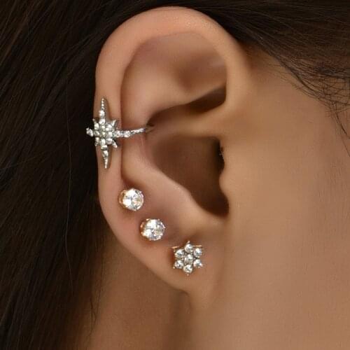 ALYXUY 4pcs/Set Simple Star Wrap Earrings Twinkle Crystal Cartilage Clip No Pierce Ear Cuff Women Girls Jewelry Accessories