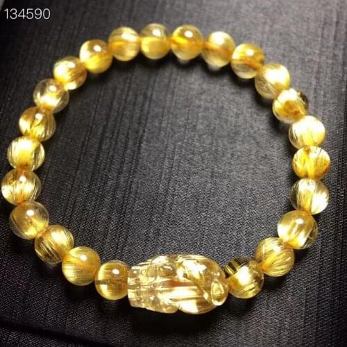Natural Gold Rutilated Titanium Quartz Woman Men Bracelet 7mm Clear Round Beads Jewelry Pi Xiu Pendant Brazil AAAAAAA