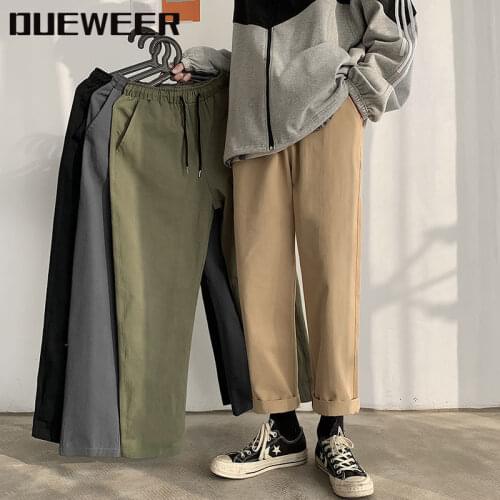DUEWEER Straight-Leg Pants Mens Spring And Autumn Casual Loose Solid Harajuku Style Trendy Curled Elastic Trousers Streetwear