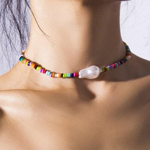 Bohemia Candy Color Small Beads Chains Short Necklaces for Women Ethnic Simulated Pearl Charms Clavicle Necklaces Chokers