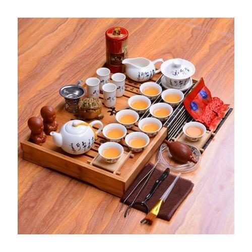 Dehua white porcelain tea set ceramic chinese kung fu tea set solid wood tea tray Whole tea set 33 pieces
