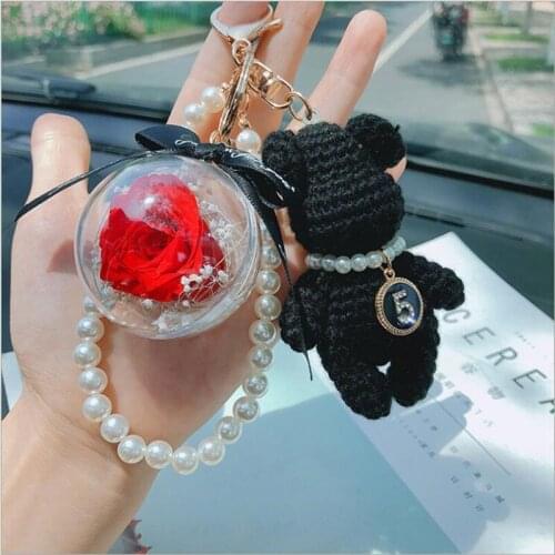 Creative Knitted Bear Keychain Pendant Pearl 5 Bear Pendant Forever Flower Bag Car Key Ring Chain Pendant