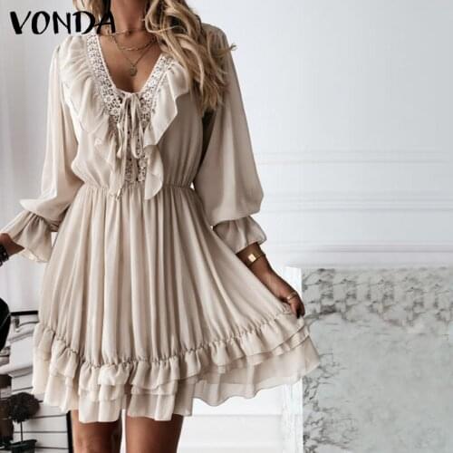 Summer Dress Women Elegant Party Mini Dress 2021 VONDA Sexy V Neck Flare Sleeve Office Ladies Sundress Ruffled Vestidos S