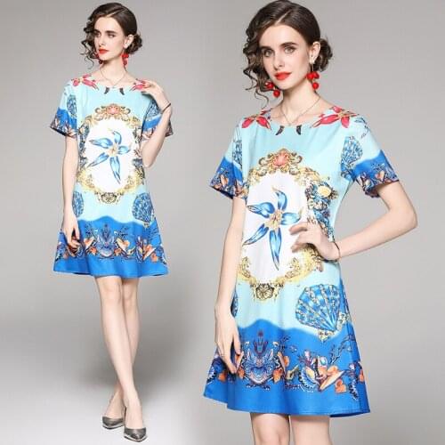 Dropshipping Summer Vintage Floral Print Crew O Round Neck Short Sleeve Women Ladies Party Casual A-Line Beach Shift Short Dress