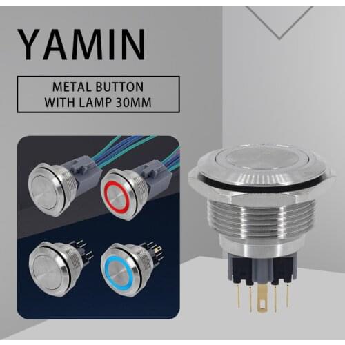 30mm Metal Push Button Switch 6 Pins Lamp Lock/Latching Momentary/Reset Stainless Steel Power Supply Waterproof 1NO1NC