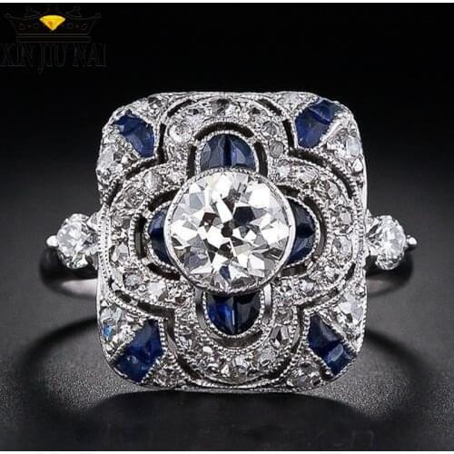 Fashion Geometric Square Blue Zircon Flower Emerald Rings For Women Luxury Engagement Wedding Rings Bride Banquet Jewelry Gifts