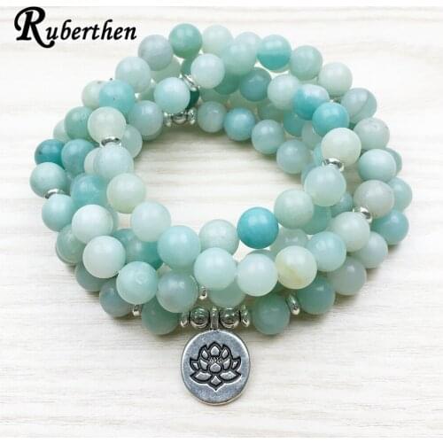 Ruberthen Fashion 2017 Women`s 8 mm AB+Amazonite Bracelet 108 Mala Beads Bracelet or Necklace Lotus Charm Yogi Birthday Gift