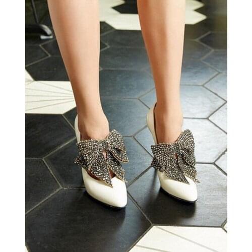 Moraima Snc Fashion White Leather High Heel Shoes Crystal Embellished Bowknot Thin Heels Pumps for Woman Slip on Party Heels