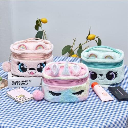 Cartoon Plush Cosmetic Bag Cute Big Eyes Embroidery Storage Bag Toiletries Organizer Pouch Large Capacity Makeup Cases Clutch