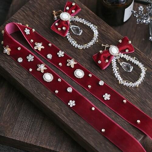 New Jewelry Set Bride Wedding Toast Red Hair Accessories Handmade Flannel Headband Headdress Long Hair With Crystal Bow Earrings