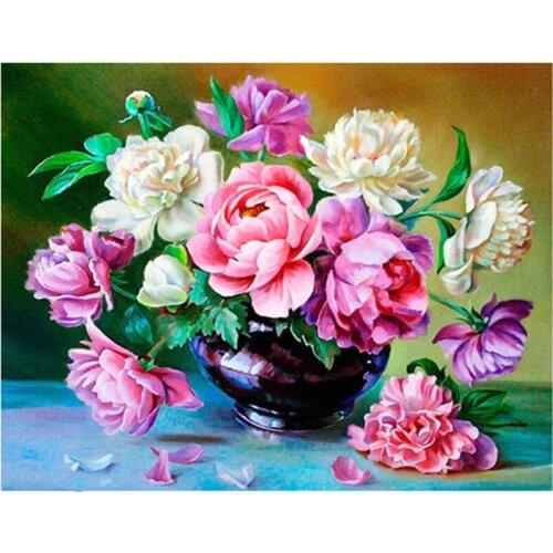 NEW 5D Diy Diamond Painting Flowers 3D Diamond Embroidery Peony Vase Sets For Embroidery With Beads Pink Flowers Natural Picture