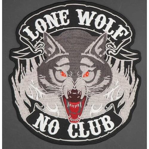 Lone Wolf No Club Large Size Embroidery Punk Biker Patch for Clothing Hat Bags Iron on Backing