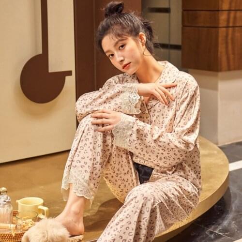 Fdfklak Autumn Cardigan Lapel Ice Silky Material Long-Sleeved Trousers Sleepwear Set Leopard Thin Home Clothes Pajamas Suit