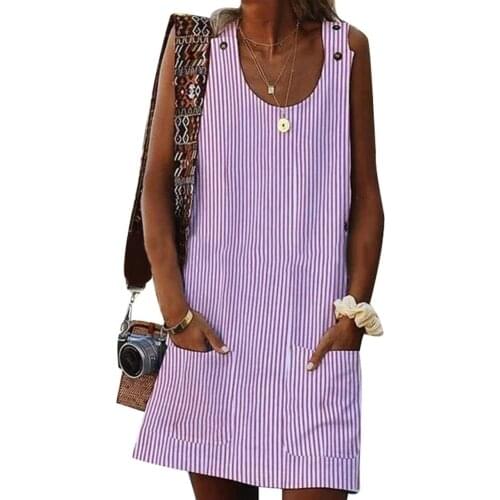 Casual Women Summer Plus Size Striped Loose Sleeveless Mini Dress with Pockets