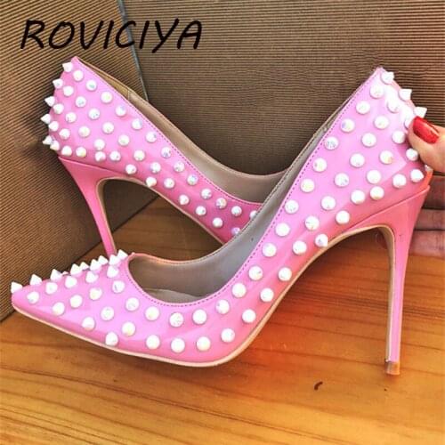 Pink 12cm High Heels Women Pumps Spring Pointed Toe Sexy 12cm Punk Rivets Studs Stiletto Wedding Shoes MD007 ROVICIYA