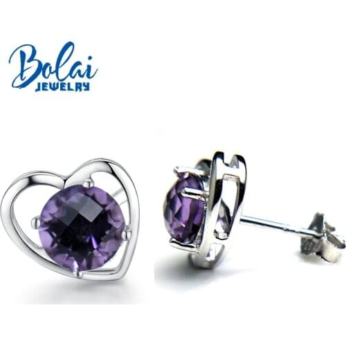 Bolaijewelry,925 silver earring with natural amethyst checkerboard cutting round6.0mm heard-shaped earring forgirl with gift box