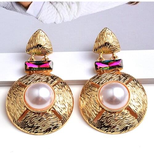 Korean Fashion Round Crystal Earrings For Women Vintage Trendy Metal Simulated Pearl Drop Earrings Jewelry Wholesale