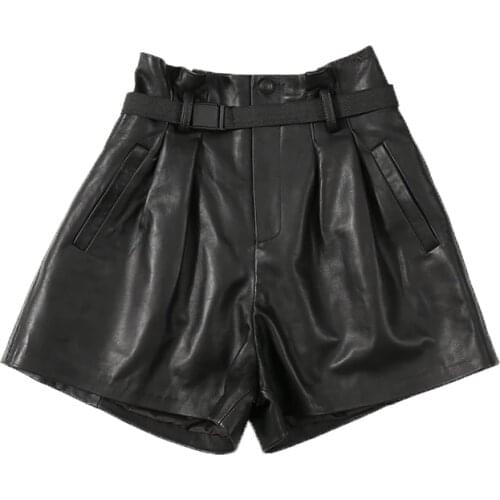 2021 Genuine Leather Grey Shorts New Winter Leather Lederhosen High Waisted Wide Leg Trousers Slim Elastic Waist Boots Trousers