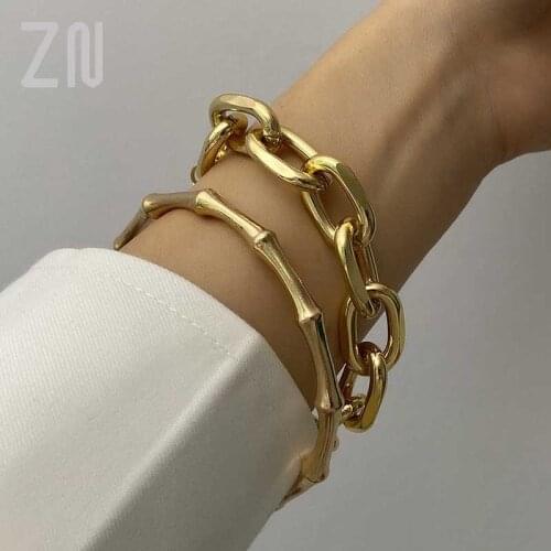 ZN Fashion Casual Punk Personality Bracelet Trendy Women Gold Color Metal Chain Link Creative Bamboo Bangle Bracelets 2pcs/1set