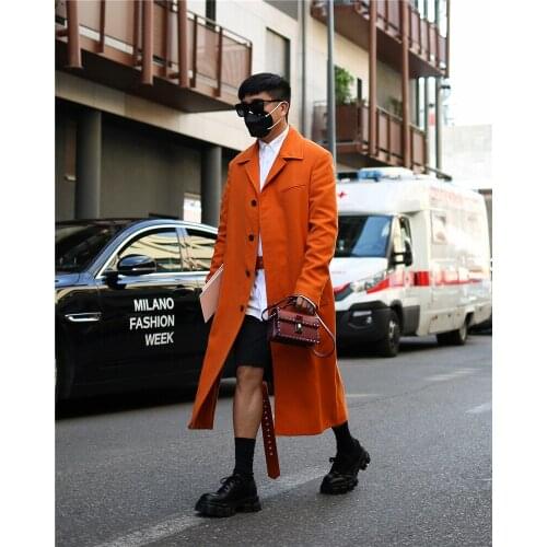 Bright Orange Street Style Woolen Coat Singal-Breasted V-Sleeve Long Overcoat Casual Fashion Handsome Jacket