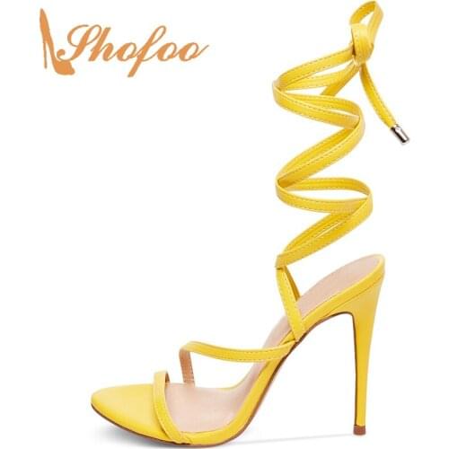 Yellow Cross-Strap Stilettos Sandals Woman High Thin Heels Lace Up Large Size 11 16 For Ladies Summer Dress Shoe Mature Fashion